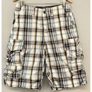 BKE Casuals Cargo Shorts Mens 31  -Flat Front-Plaid-Raw Hem -Black-Hiking -Beach